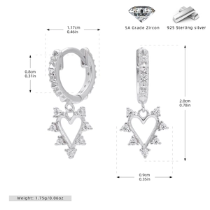 Detailed view of S925 sterling silver heart earrings with dimensions and 5A zircon inlay