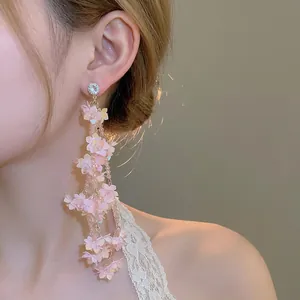 Pink petal tassel earrings with sparkling zircon and long crystal beaded floral design
