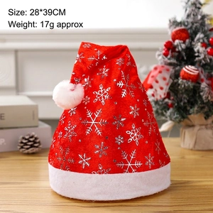 Red plush Christmas hat with silver foil snowflakes, measuring 28x39cm for festive decor