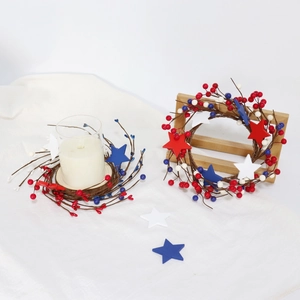 Patriotic July 4th red white and blue berry wreaths with stars and candle holder