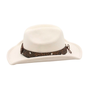 Detail of western cowboy hat with vintage brown leather band and silver studs decoration