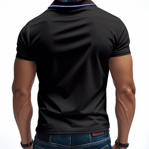 Detail of the back view on a black polo shirt with tricolor stripes on the collar