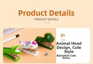 Close-up of three mini animal staplers in crocodile, unicorn and dinosaur designs