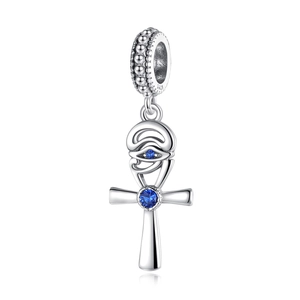 Detailed view of silver Ankh cross with Eye of Horus charm and blue gemstones in S925 silver