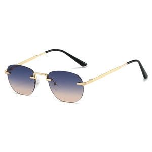 Fashionable rimless oval sunglasses with blue-orange gradient lenses and gold metal frame