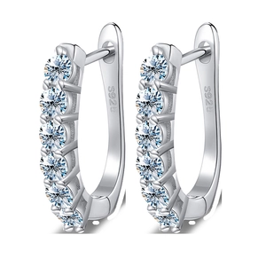 S925 sterling silver hoop earrings with sparkling round moissanite stones in a row