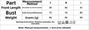 Size chart for women's sequin tank top detailing length and bust measurements
