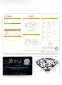 Detail view of 1.0 carat D VVS1 moissanite stone with official GRA certificate and warranty card