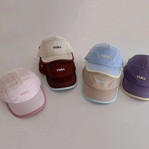Breathable five-panel camper hats with YIJIA embroidery in various pastel colors