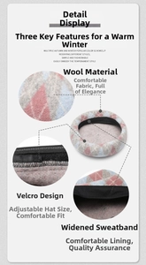 Detail view of wool plaid beret featuring adjustable velcro strap and sweatband