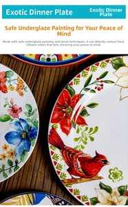 Detail of hand-painted ceramic plates with vintage floral patterns on a rustic wooden table