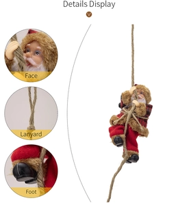 Detailed views of Santa Claus hanging on hemp rope with plaid jacket and craft details