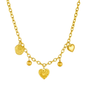 Gold-plated stainless steel charm necklace with heart and rose pattern pendants