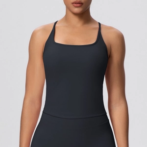 Front view of black high-elastic racerback sports bra with square neckline and slim fit