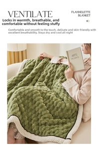 Close-up of thick moss green flannel blanket with 3D bubble texture and white fleece lining