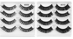 Detail view of 4 pairs of thick curly black synthetic eyelashes in styles 4009 and 4010