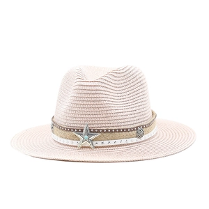 Pink bohemian fedora straw hat with star ornament and turquoise bead for outdoor sun protection