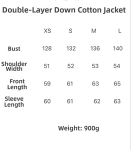 Detaillierte Größentabelle für figurbetonte Steppjacke mit Maßen von XS bis L