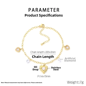 Detail showing dimensions of gold stainless steel heart anklet with rhinestones