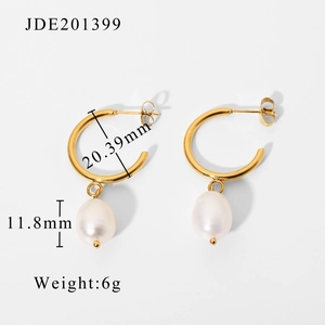 Detail of gold stainless steel hoop earrings with white pearls and size measurements