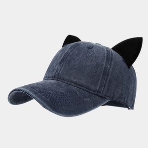 Denim baseball cap featuring cute black cat ears and a classic six-panel vintage design