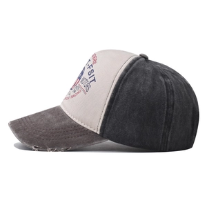Vintage washed black and cream baseball cap with motor riders embroidery and distressed brim