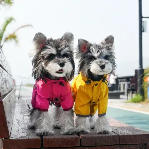 Waterproof dog raincoats in pink and yellow for small breeds with adjustable hoods