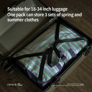 7-piece purple and green striped travel organizer bag set inside a large suitcase