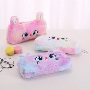Three cute plush cat pencil cases in pink, rainbow, and blue tie-dye colors with embroidery