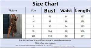 Detailed size chart for leopard print long sleeve dress with measurements S to XXL