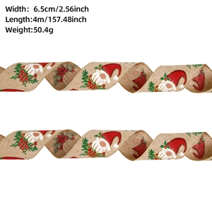 Detail view of 6.5cm linen Christmas ribbon with Santa Gnome and holly leaf prints