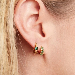 Elegant gold S925 silver hoop earrings with green zircon flowers and crystals for women