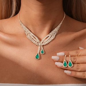 Close-up of model wearing two-piece gold necklace set with pear-cut green teardrop crystals