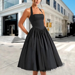 Damen Halter Rückenfreies Midi Kleid Sexy Ärmellos Polyester Hohe Taille Großer Schwung Vintage Abend Party