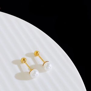 Elegant 18K gold-plated titanium steel pearl stud earrings with secure screw-back design