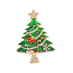 Broche sapin de Noël dorée avec émail vert et strass multicolores étincelants