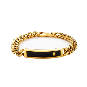 Polished 18K gold-plated Cuban link bracelet featuring a black carbon fiber inlay plate