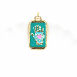 Hamsa hand tarot pendant with green enamel and pink heart in gold plating