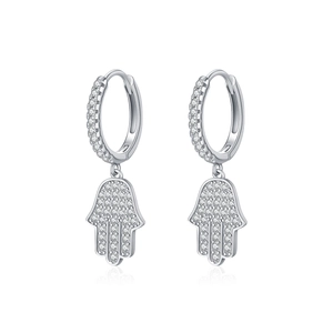 Boucles d'oreilles créoles en argent S925 avec pendentif main de Fatima en diamant