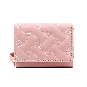 Pink tri-fold short wallet with embroidered heart and diamond quilted pattern for women