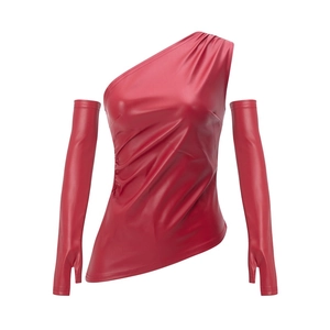 Close-up of red PU leather one-shoulder top with matching long fingerless sleeves