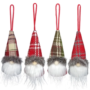 Set of 4 Christmas faceless gnome hanging ornaments with colorful plaid knit hats