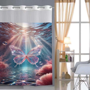 Detail of waterproof shower curtain featuring butterfly 3D digital print and metal eyelets