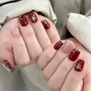Christmas Press On Nails Wine Red And Pink Snowflake Pattern Glitter Glossy Full Cover Fake Nails For Women Winter Style