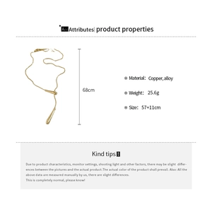 Detailed spec sheet of a gold waterdrop pendant necklace in copper and alloy material