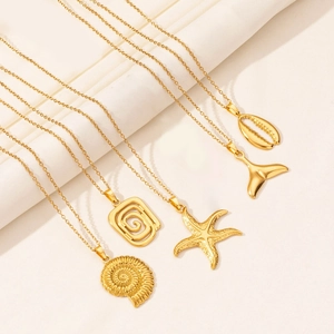 Stainless Steel Pendant Necklace Ocean Theme Starfish Shell Conch Fish Tail Geometric Gold Silver Jewelry For Women