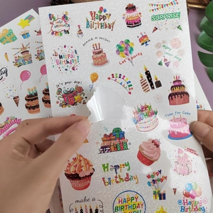 Holographic glitter Happy Birthday stickers set with various laser flash patterns