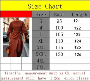 Size chart for solid color elegant maxi dress showing bust and length measurements in CM