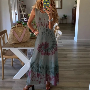 Bohemian sleeveless tie-dye maxi dress in grey-green with burgundy floral patterns