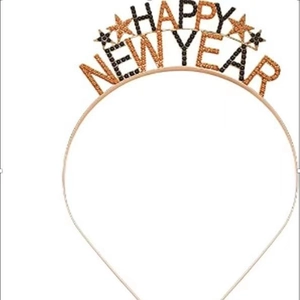 Sparkly Happy New Year headband with rhinestones and gold stars for party wear